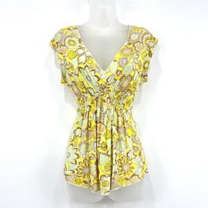 Express Top Womens L‎ Yellow Floral Y2K Babydoll Beachy Coastal Stretch